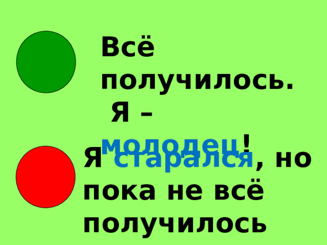 Всё получилось.  Я – молодец ! Я старался , но пока не всё получилось 