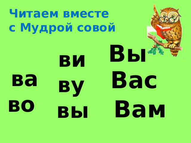 Читаем вместе  с Мудрой совой Вы  ви ва Вас ву    во  Вам вы  