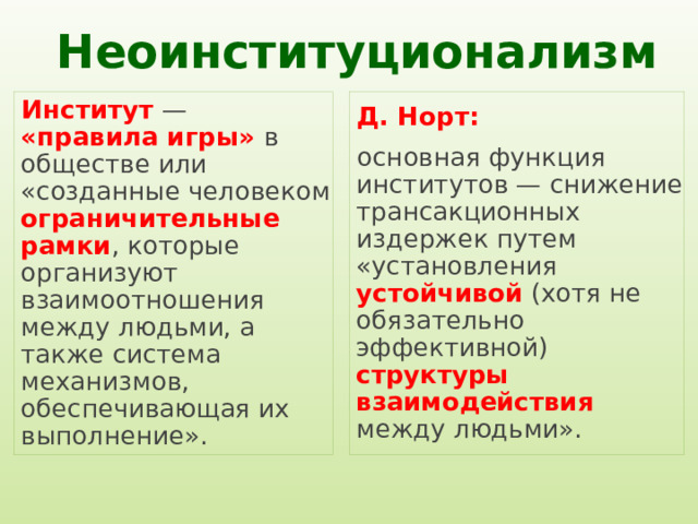 Неоинституционализм Институт — «правила игры» в обществе или «созданные человеком ограничительные рамки , которые организуют взаимоотношения между людьми, а также система механизмов, обеспечивающая их выполнение». Д. Норт: основная функция институтов — снижение трансакционных издержек путем «установления устойчивой (хотя не обязательно эффективной) структуры взаимодействия между людьми». 