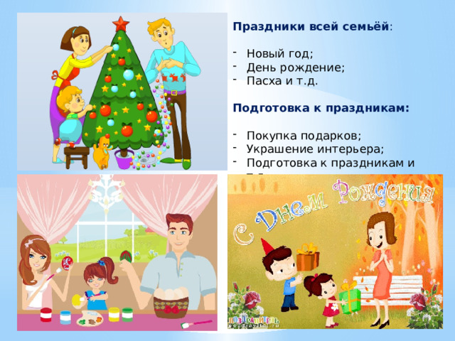 Праздники всей семьёй : Новый год; День рождение; Пасха и т.д. Подготовка к праздникам: Покупка подарков; Украшение интерьера; Подготовка к праздникам и т.д. 