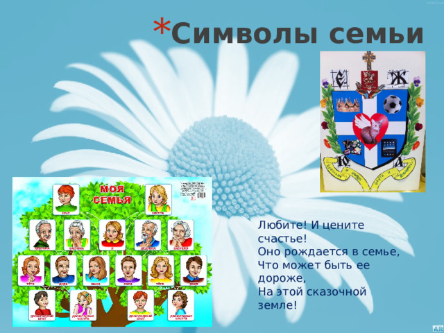 Символы семьи Любите! И цените счастье!  Оно рождается в семье,  Что может быть ее дороже,  На этой сказочной земле! 