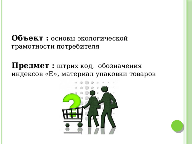 Объект :  основы экологической грамотности потребителя Предмет :  штрих код, обозначения индексов «Е», материал упаковки товаров 