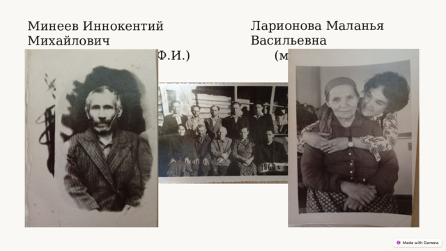 Ларионова Маланья Васильевна (мать Минеева Ф.И.) Минеев Иннокентий Михайлович (отец Минеева Ф.И.)  