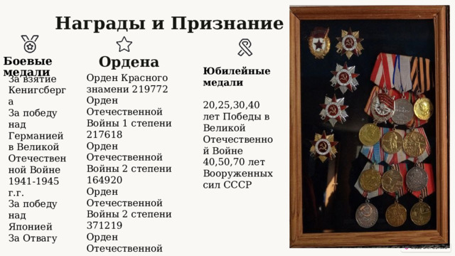 Награды и Признание Ордена Боевые медали Юбилейные медали 20,25,30,40 лет Победы в Великой Отечественной Войне 40,50,70 лет Вооруженных сил СССР За взятие Кенигсберга За победу над Германией в Великой Отечественной Войне 1941-1945 г.г. За победу над Японией За Отвагу Орден Красного знамени 219772 Орден Отечественной Войны 1 степени 217618 Орден Отечественной Войны 2 степени 164920 Орден Отечественной Войны 2 степени 371219 Орден Отечественной Войны 1 степени (40- летию Победы в Великой Отечественной Войне)  