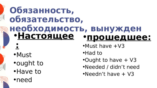 Обязанность, обязательство, необходимость, вынужден Настоящее: Must ought to Have to need прошедшее: Must have +V3 Had to Ought to have + V3 Needed / didn’t need Needn’t have + V3 