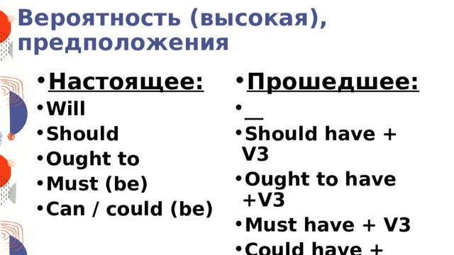 Вероятность (высокая), предположения Настоящее: Will Should Ought to Must (be) Can / could (be) Прошедшее: __ Should have + V3 Ought to have +V3 Must have + V3 Could have + V3 