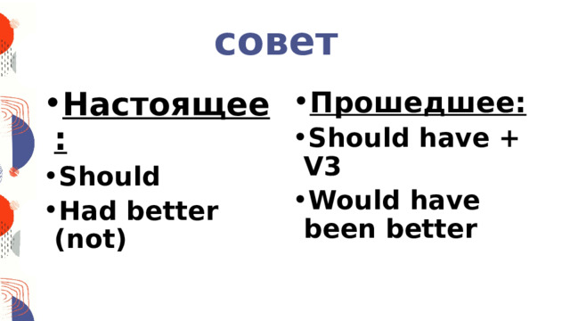 совет Настоящее: Should Had better (not) Прошедшее: Should have + V3 Would have been better 