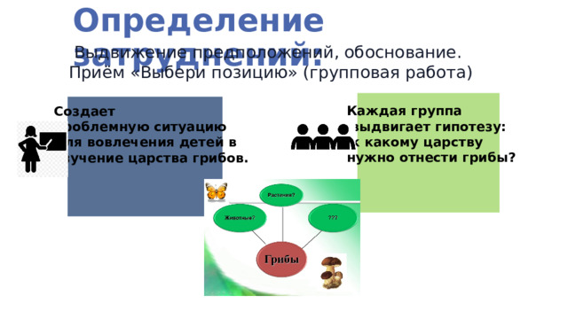 Определение затруднений: Выдвижение предположений, обоснование. Приём «Выбери позицию» (групповая работа) Каждая группа  выдвигает гипотезу:  к какому царству нужно отнести грибы? Создает проблемную ситуацию для вовлечения детей в изучение царства грибов.   
