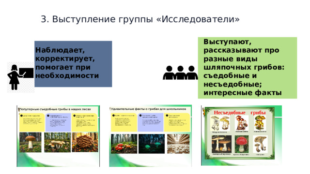 3. Выступление группы «Исследователи» Выступают, рассказывают про разные виды шляпочных грибов: съедобные и несъедобные; интересные факты  Наблюдает, корректирует, помогает при необходимости  