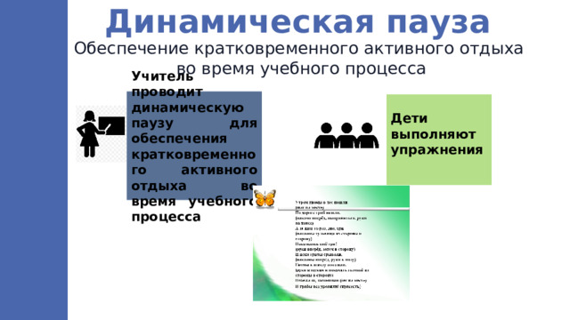 Динамическая пауза Обеспечение кратковременного активного отдыха во время учебного процесса Учитель проводит динамическую паузу для обеспечения кратковременного активного отдыха во время учебного процесса Дети выполняют упражнения 