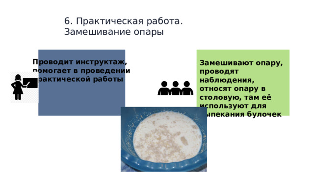 6. Практическая работа. Замешивание опары Замешивают опару, проводят наблюдения, относят опару в столовую, там её используют для выпекания булочек  Проводит инструктаж, помогает в проведении практической работы 