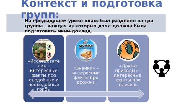Контекст и подготовка групп: На предыдущем уроке класс был разделен на три группы , каждая из которых дома должна была подготовить мини-доклад.   «Исследователи» – интересные факты про съедобные и несъедобные грибы «Знайки» – интересные факты про дрожжи «Друзья природы» – интересные факты про плесень  