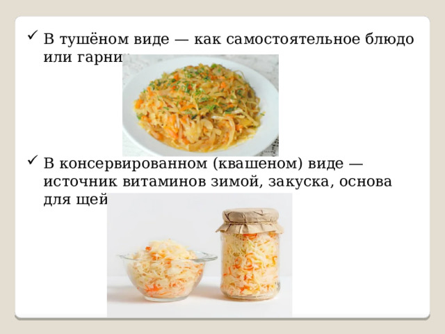 В тушёном виде — как самостоятельное блюдо или гарнир. В консервированном (квашеном) виде — источник витаминов зимой, закуска, основа для щей. 