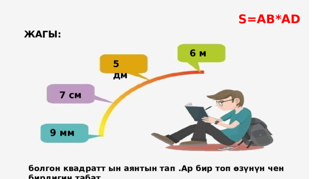 S=AВ*АD ЖАГЫ: 6 м 5 дм 7 см 9 мм болгон квадратт ын аянтын тап .Ар бир топ өзүнүн чен бирдигин табат . 