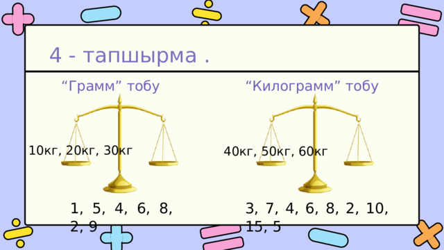 4 - тапшырма . “ Грамм” тобу “ Килограмм” тобу 10кг, 20кг, 30кг 40кг, 50кг, 60кг 1, 5, 4, 6, 8, 2, 9 3, 7, 4, 6, 8, 2, 10, 15, 5 