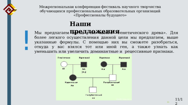 Межрегиональная конференция-фестиваль научного творчества обучающихся профессиональных образовательных организаций «Профессионалы будущего» Наши предложения ! Мы предлагаем вести учёт своего «генетического древа». Для более легкого осуществления данной цели мы предлагаем, выше указанные формулы. С помощью них вы сможете разобраться, откуда у вас взялся тот или иной ген, а также узнать как уменьшить или увеличить доминантные и рецессивные признаки. 11/12  