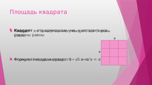 Площадь квадрата   Квадрат – это прямоугольник, у которого все стороны равны Формула площади квадрата: S = a a = a 2 a a 