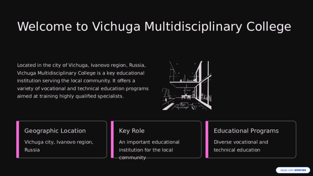 Welcome to Vichuga Multidisciplinary College Located in the city of Vichuga, Ivanovo region, Russia, Vichuga Multidisciplinary College is a key educational institution serving the local community. It offers a variety of vocational and technical education programs aimed at training highly qualified specialists. Geographic Location Key Role Educational Programs Vichuga city, Ivanovo region, Russia An important educational institution for the local community Diverse vocational and technical education  