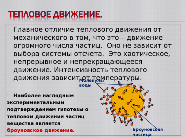 Главное отличие теплового движения от механического в том, что это – движение огромного числа частиц. Оно не зависит от выбора системы отсчета. Это хаотическое, непрерывное и непрекращающееся движение. Интенсивность теплового движения зависит от температуры. Наиболее наглядным экспериментальным подтверждением гипотезы о тепловом движении частиц вещества является броуновское движение. Молекулы воды Броуновская частица 