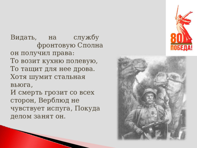 Видать,  на  службу  фронтовую Сполна он получил права: То возит кухню полевую, То тащит для нее дрова. Хотя шумит стальная вьюга, И смерть грозит со всех сторон, Верблюд не чувствует испуга, Покуда делом занят он. 