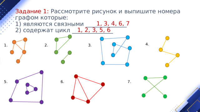 Задание 1: Рассмотрите рисунок и выпишите номера графом которые:  1) являются связными ______________  2) содержат цикл ______________ 1, 3, 4, 6, 7 1, 2, 3, 5, 6 4. 2. 1. 3. 6. 5. 7. 