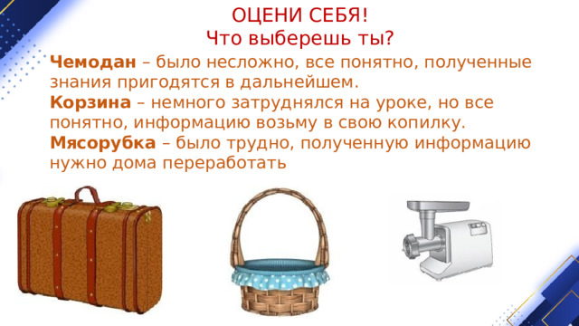 ОЦЕНИ СЕБЯ! Что выберешь ты? Чемодан – было несложно, все понятно, полученные знания пригодятся в дальнейшем. Корзина – немного затруднялся на уроке, но все понятно, информацию возьму в свою копилку. Мясорубка – было трудно, полученную информацию нужно дома переработать 