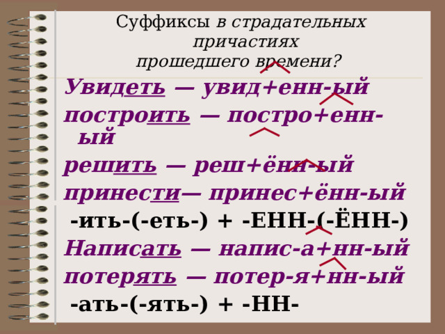 Суффиксы в страдательных причастиях прошедшего времени? Увид еть — увид+енн-ый постро ить — постро+енн-ый реш ить — реш+ённ-ый принес ти — принес+ённ-ый  -ить-(-еть-) + -ЕНН-(-ЁНН-) Напис ать  — напис-а+нн-ый потер ять — потер-я+нн-ый  -ать-(-ять-) + -НН-  