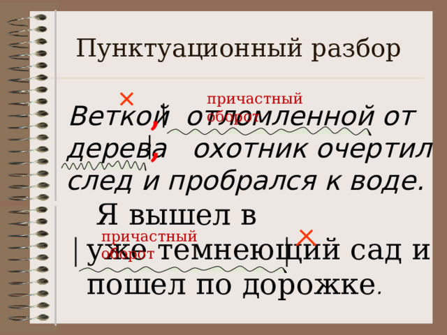 Пунктуационный разбор причастный оборот ,  Веткой отломленной от дерева охотник очертил след и пробрался к воде.  Я вышел в  уже темнеющий сад и  пошел по дорожке . , причастный оборот 
