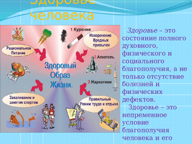 Здоровье человека   Здоровье – это состояние полного духовного, физического и социального благополучия, а не только отсутствие болезней и физических дефектов.  Здоровье – это непременное условие благополучия человека и его счастья. 
