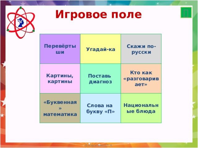 Игровое поле  Перевёртыши Скажи по-русски Угадай-ка Картины, картины Кто как «разговаривает» Поставь  диагноз «Буквенная» математика Национальные блюда Слова на  букву «П» 