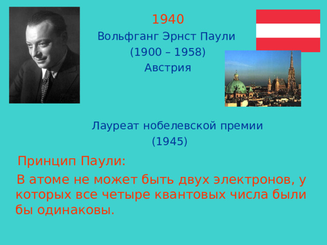 1940 Вольфганг Эрнст Паули (1900 – 1958) Австрия     Лауреат нобелевской премии  (1945)  Принцип Паули:  В атоме не может быть двух электронов, у которых все четыре квантовых числа были бы одинаковы. 
