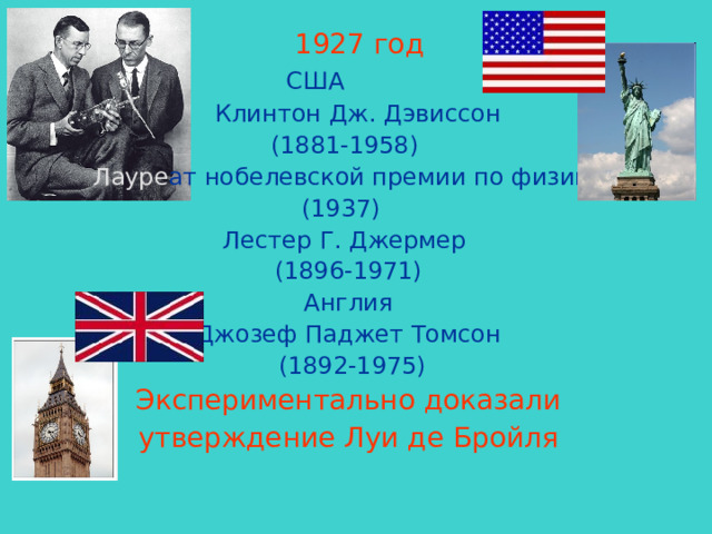   1927 год     США    Клинтон Дж. Дэвиссон (1881-1958) Лауре ат нобелевской премии по физике (1937) Лестер Г. Джермер (1896-1971)   Англия  Джозеф Паджет Томсон  (1892-1975)  Экспериментально доказали утверждение Луи де Бройля 
