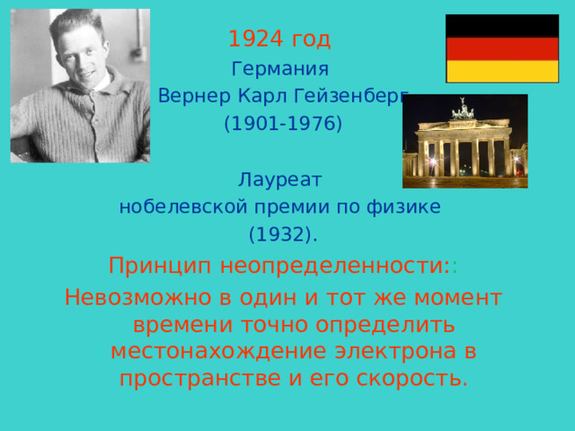 1924 год Германия Вернер Карл Гейзенберг  (1901-1976) Лауреат нобелевской премии по физике (1932). Принцип неопределенности: : Невозможно в один и тот же момент времени точно определить местонахождение электрона в пространстве и его скорость. 