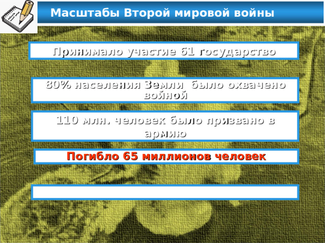  Масштабы Второй мировой войны   Принимало участие 61 государство 80% населения Земли было охвачено войной 110 млн. человек было призвано в армию Погибло 65 миллионов человек Продолжительность – 6 лет 