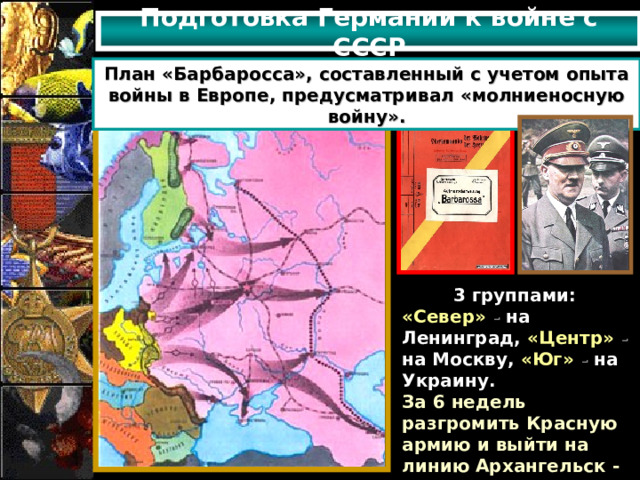Подготовка Германии к войне с СССР План «Барбаросса», составленный с учетом опыта войны в Европе, предусматривал «молниеносную войну». 3 группами: «Север» - на Ленинград,  «Центр» - на Москву,  «Юг» - на Украину. За 6 недель разгромить Красную армию и выйти на линию Архангельск - Астрахань. 