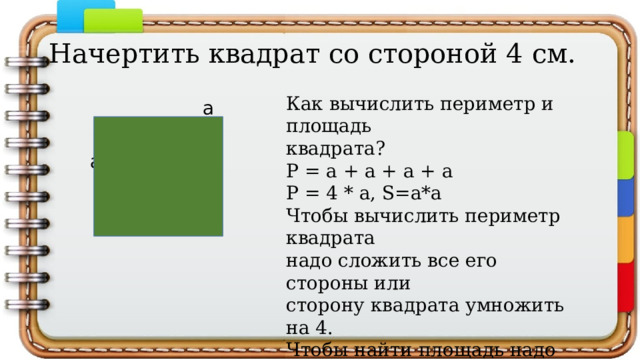 Начертить квадрат со стороной 4 см. Как вычислить периметр и площадь квадрата? Р = a + a + a + a Р = 4 * a, S=a*а Чтобы вычислить периметр квадрата надо сложить все его стороны или сторону квадрата умножить на 4. Чтобы найти площадь надо перемножить две его стороны.  а  а 