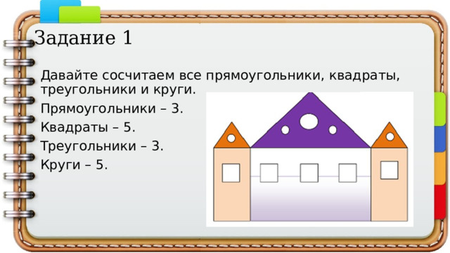 Задание 1 Давайте сосчитаем все прямоугольники, квадраты, треугольники и круги. Прямоугольники – 3. Квадраты – 5. Треугольники – 3. Круги – 5.   