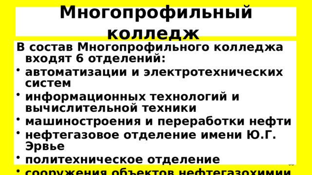 Многопрофильный колледж  В состав Многопрофильного колледжа входят 6 отделений: автоматизации и электротехнических систем информационных технологий и вычислительной техники машиностроения и переработки нефти нефтегазовое отделение имени Ю.Г. Эрвье политехническое отделение сооружения объектов нефтегазохимии  