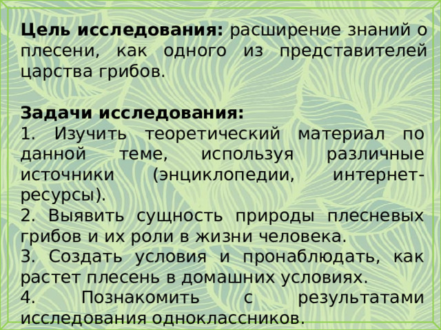 Цель исследования: расширение знаний о плесени, как одного из представителей царства грибов. Задачи исследования: 1. Изучить теоретический материал по данной теме, используя различные источники (энциклопедии, интернет-ресурсы). 2. Выявить сущность природы плесневых грибов и их роли в жизни человека. 3. Создать условия и пронаблюдать, как растет плесень в домашних условиях. 4. Познакомить с результатами исследования одноклассников. 