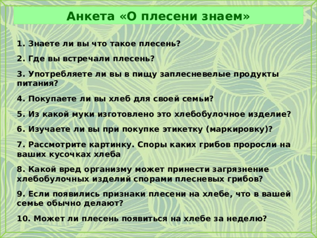 Анкета «О плесени знаем» 1. Знаете ли вы что такое плесень?  2. Где вы встречали плесень?  3. Употребляете ли вы в пищу заплесневелые продукты питания?  4. Покупаете ли вы хлеб для своей семьи?  5. Из какой муки изготовлено это хлебобулочное изделие?  6. Изучаете ли вы при покупке этикетку (маркировку)?  7. Рассмотрите картинку. Споры каких грибов проросли на ваших кусочках хлеба  8. Какой вред организму может принести загрязнение хлебобулочных изделий спорами плесневых грибов?  9. Если появились признаки плесени на хлебе, что в вашей семье обычно делают?  10. Может ли плесень появиться на хлебе за неделю?  