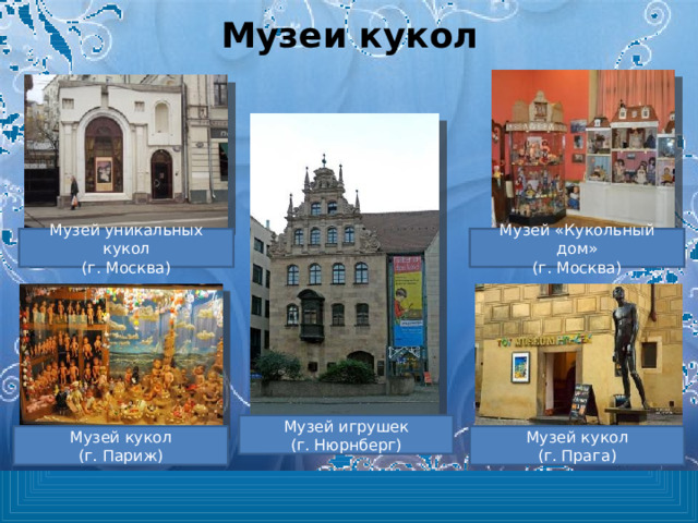 Музеи кукол Музей уникальных кукол (г. Москва) Музей «Кукольный дом» (г. Москва) Музей игрушек (г. Нюрнберг) Музей кукол (г. Париж) Музей кукол (г. Прага) 