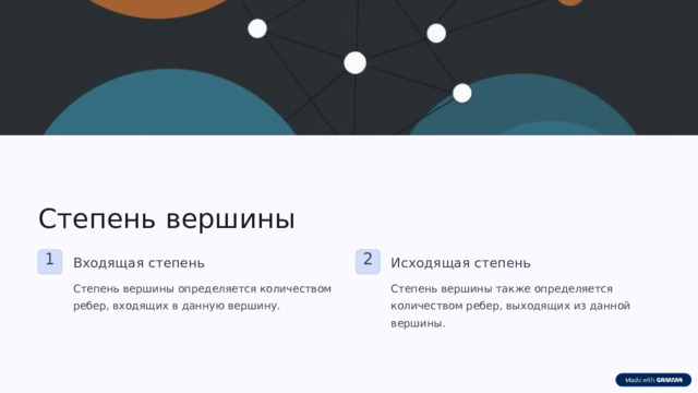 Степень вершины 1 2 Входящая степень Исходящая степень Степень вершины определяется количеством ребер, входящих в данную вершину. Степень вершины также определяется количеством ребер, выходящих из данной вершины.  