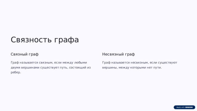 Связность графа Связный граф Несвязный граф Граф называется связным, если между любыми двумя вершинами существует путь, состоящий из ребер. Граф называется несвязным, если существуют вершины, между которыми нет пути.  