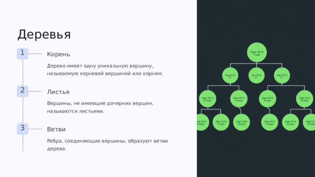 Деревья 1 Корень Дерево имеет одну уникальную вершину, называемую корневой вершиной или корнем. 2 Листья Вершины, не имеющие дочерних вершин, называются листьями. 3 Ветви Ребра, соединяющие вершины, образуют ветви дерева.  