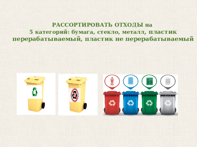 РАССОРТИРОВАТЬ ОТХОДЫ на  5 категорий: бумага, стекло, металл , пластик перерабатываемый, пластик не перерабатываемый 