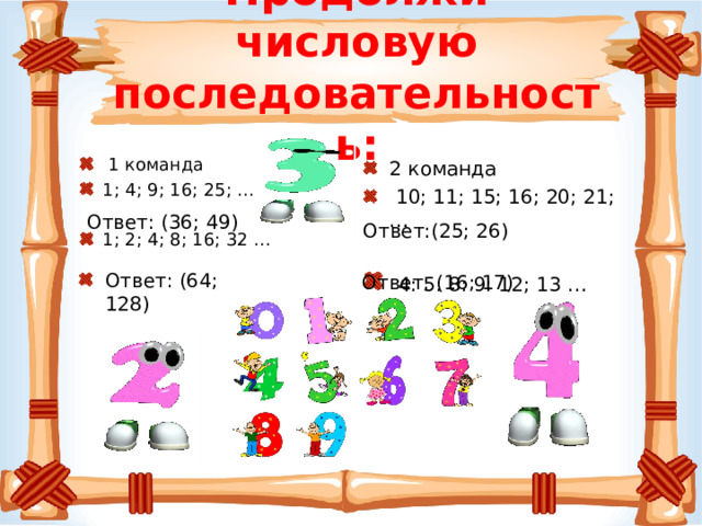 Продолжи числовую последовательность: 2 команда  10; 11; 15; 16; 20; 21; …  4; 5; 8; 9; 12; 13 …  1 команда 1; 4; 9; 16; 25; … 1; 2; 4; 8; 16; 32 … Ответ: (36; 49) Ответ:(25; 26) Ответ: (64; 128) Ответ: (16; 17) 