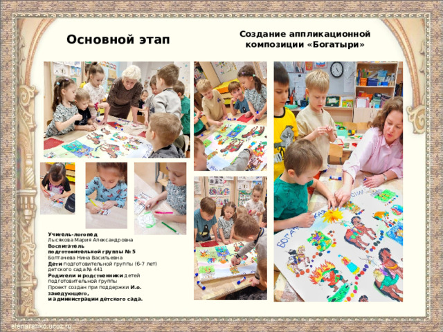 Создание аппликационной композиции «Богатыри» Основной этап Учитель-логопед Лысякова Мария Александровна Воспитатель подготовительной группы № 5 Болтачева Нина Васильевна Дети подготовительной группы (6-7 лет) детского сада № 441 Родители и родственники детей подготовительной группы Проект создан при поддержки И.о. заведующего, и администрации детского сада. 
