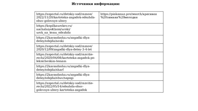 Источники информации: https://nsportal.ru/detskiy-sad/raznoe/2022/11/20/kartoteka-zagadok-odezhda-obuv-golovnye-ubory https://pinkamuz.pro/search/красивая%20зимняя%20мелодия https://kopilkaurokov.ru/nachalniyeKlassi/uroki/urok_na_temu_odezhda https://2karandasha.ru/zagadki-dlya-detey/odejda/noski https://nsportal.ru/detskiy-sad/raznoe/2020/12/09/zagadki-dlya-detey-3-4-let https://nsportal.ru/detskiy-sad/razvitie-rechi/2020/04/08/kartoteka-zagadok-po-leksicheskim-temam https://2karandasha.ru/zagadki-dlya-detey/odejda/sharf https://2karandasha.ru/zagadki-dlya-detey/odejda/obuv/sapogi https://nsportal.ru/detskiy-sad/razvitie-rechi/2022/05/14/odezhda-obuv-golovnye-ubory-kartoteka-zagadok 