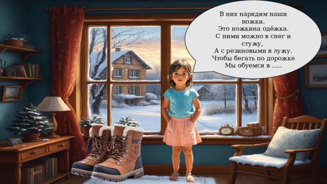 В них нарядим наши ножки. Это ножкина одёжка. С ними можно в снег и стужу, А с резиновыми в лужу. Чтобы бегать по дорожке Мы обуемся в ….. 