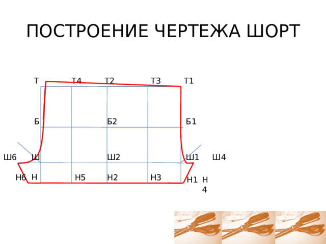 ПОСТРОЕНИЕ ЧЕРТЕЖА ШОРТ Т3 Т2 Т1 Т4 Т Б2 Б1 Б Ш2 Ш1 Ш Ш6 Ш4 Н2 Н5 Н6 Н3 Н Н4 Н1 